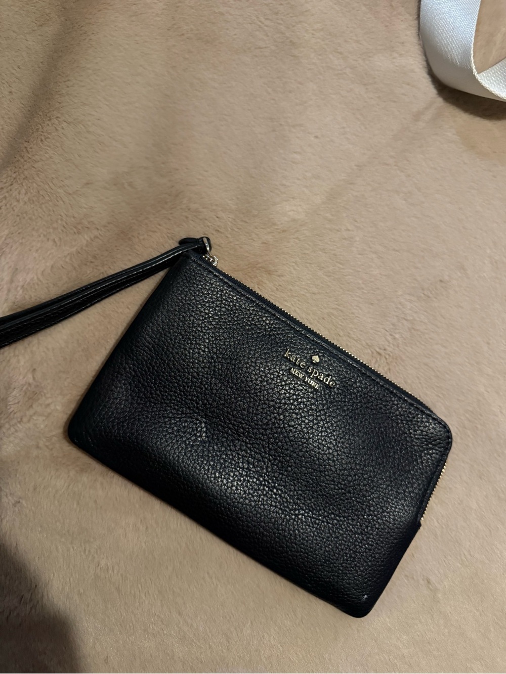 kate spade Black Pebbled Leather Wristlet Pouch with Gold Logo